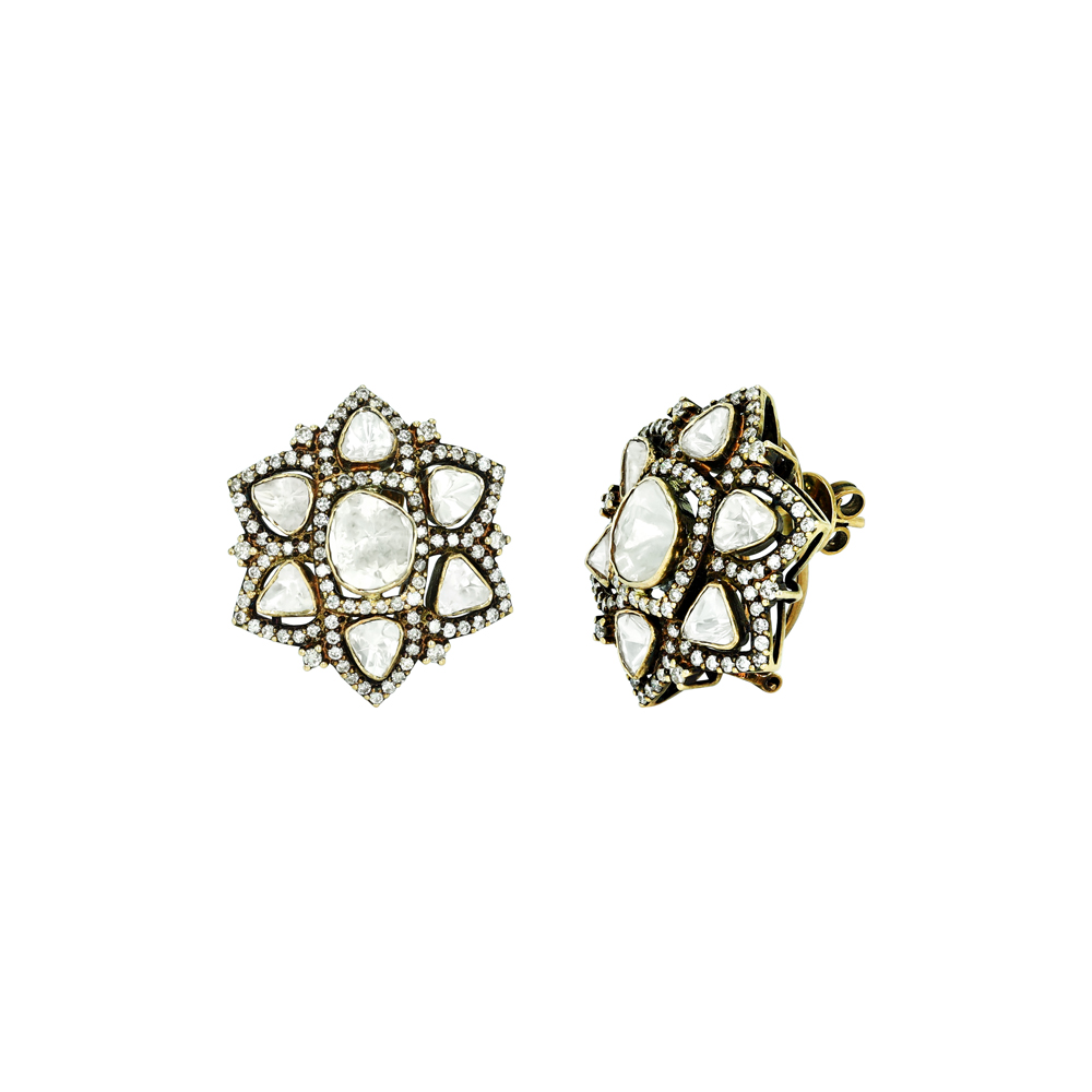Antique-Finish Polki Floral Earrings